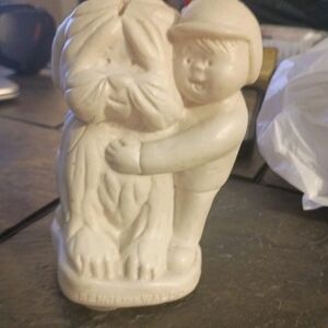Cream Ceramic Dog and Child Figurine